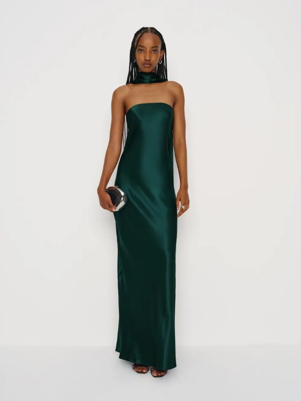 Reformation Oren Silk Dress Strapless Silk Dress with Neck Scarf